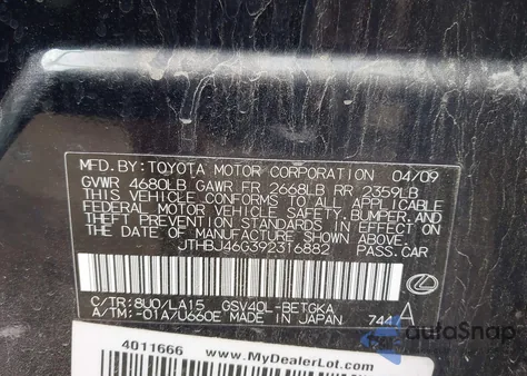 2009 Lexus Es 350 из США, поврежденный, VIN JTHBJ46G392316882